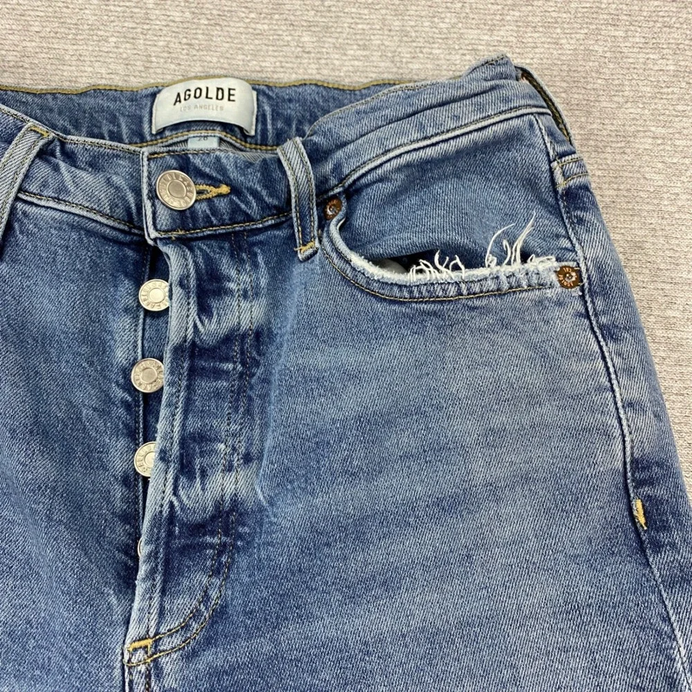 Agolde High Rise Skinny Jeans Button Fly Distressed Raw Hem Medium Wash Size‎ 26